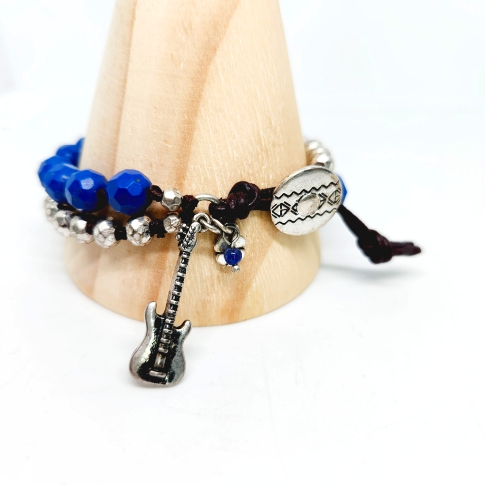 Lucky Brand Leather Multi Strand Bracelet Silver Tone & Blue Beads Guitar Charm